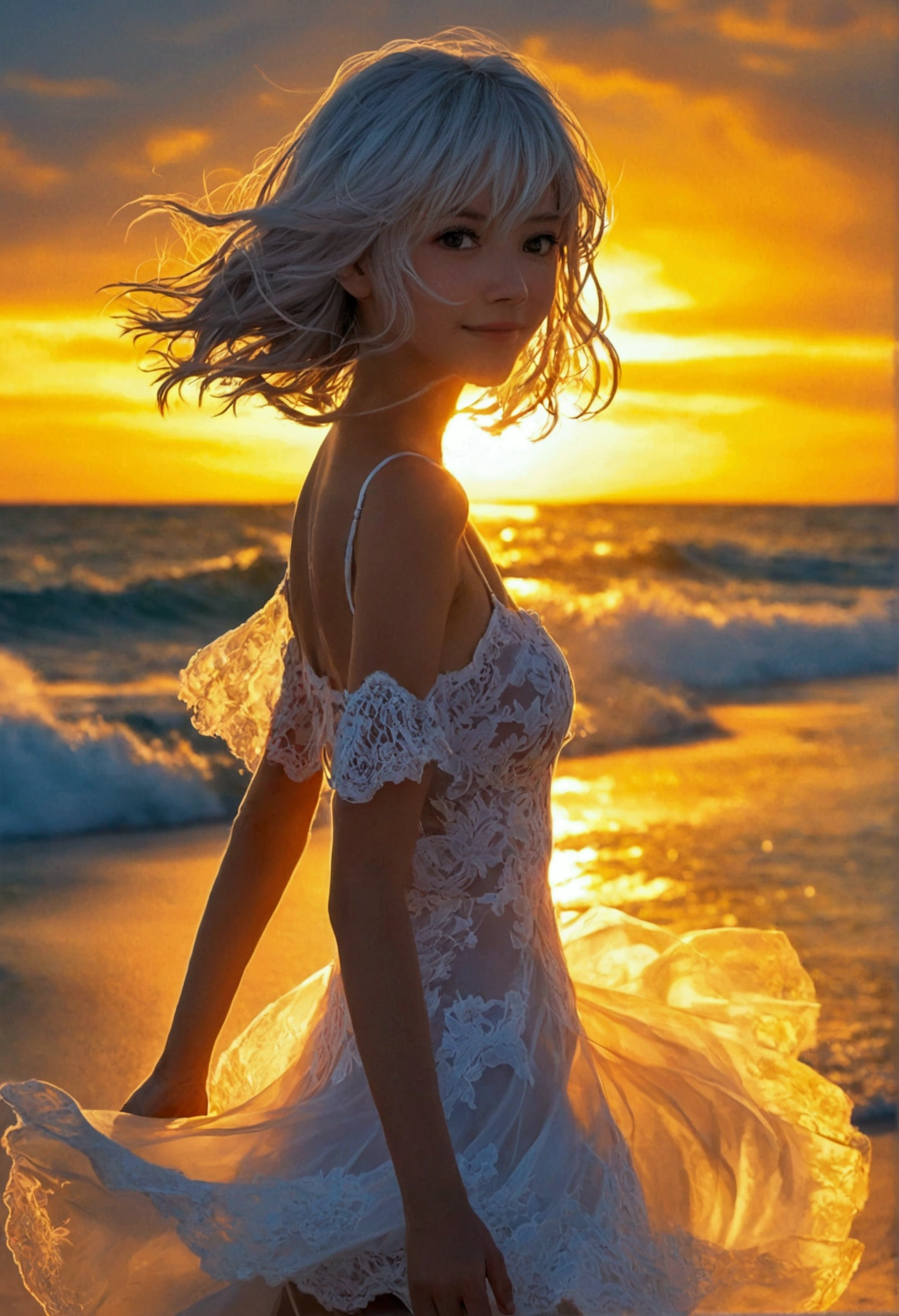 1 Girl, Blonde, Gray Hair, Long Hair, bangs, Sparkling eyes, Long eyelashes, The pupils shine, Compensate, smile, Depth odebt bounds written, debtrom below, silhouette, debtrom behind, Wide Shot, debt/1.4, 135mm, Canon, ndebtdebtsw, retina, Accurate, Anatomically correct, Rough skin, Very detailed, Advanced Details, high quality, 最high quality, High resolution, 8K, (Woman walking on the beach at sunset), 逆光のsilhouette, (Transparent white lace dress), ((光を通して体のsilhouetteが見える)), (Hair blowing in the wind), (Skirt flutters in the wind)