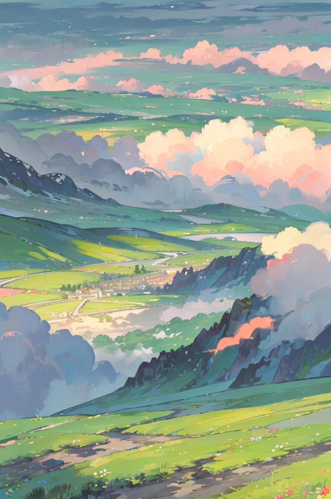 (masterpiece, highest quality:1.2), highest quality, masterpiece, high resolution, Anime style, ;andscape, nostalgic scene, landscape painting, realistic, original Japanese landscape, wide open sky, summer sky, ambiguous boundaries, impressionists art, looking down from above