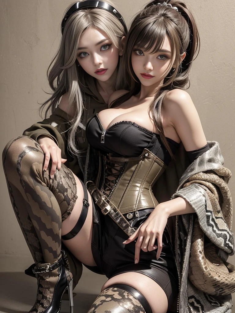 (Smiling with teeth showing:1.3),(Shibuya Gal:1.5)、(Beautiful:1.5)、(Neo-goth fashion:1.5)、(Punk RockVisual Kei:1.5)、(An off-the-shoulder hoodie in khaki and brown with delicate silver accessories.:1.5)、(A corset with a delicate beige and brown design:1.4)、(Dark grey, khaki and brown snakeskin bodysuit:1.5)、(Snake print headband:1.3)、(Beige and charcoal knee socks:1.4)、Embellished collar and long boots、(I'm selling snake print underwear.:1.4)、(Long eyelashes:1.3)、(20-year-old)、((Highest quality、8k、masterpiece:1.3))、1 Female、Slim and beautiful abs:1.3、(hairstyle casual、Beautiful boobs:1.1)、(Doing an aerobics pose:1.3)、dress:1.1、Super small face、Narrow eyes、double eyelid、A sloppy smile、Esbian all over、Dynamic Angle、Close-up、CPL Filter、Blurred Background、Bokeh、Blue Hour、Detailed face and skin texture、Detailed eyes、,(Twin tails:1.3)、(Brown-golden hair:1.3)、Gravure idol、(The background is a glamorous dance hall:1.3)、(Make your legs thinner:1.4)、(Slim body:1.3)、(clavicle:1.1)