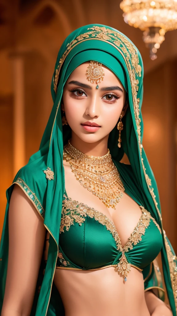underboob,RAW, Best quality, high resolution, masterpiece: 1.3), beautiful 15 year old Pakistani teen in hijab, Masterpiece, perfect slim fit body, big Huge breast, big gorgeous eyes, Soft smile,a close up of a woman, wearing beautiful bra, beautiful design, hijab, rustic, very beautiful elegan style, beautiful masterpiece, fine details, wearing gorgeous clothing, choker , necklace, hairband, forest, lighting, Bright colors, Clean lines