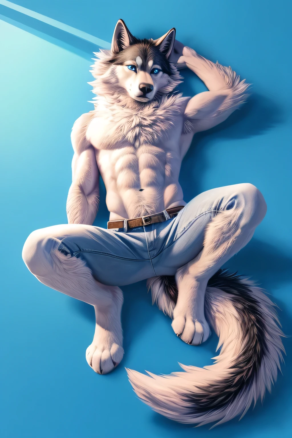 full body Male black wolf furry blue eyes blue background fluffy tail lying down on the floor with squat legs open skinny light pink color jeans and sky blue shirts