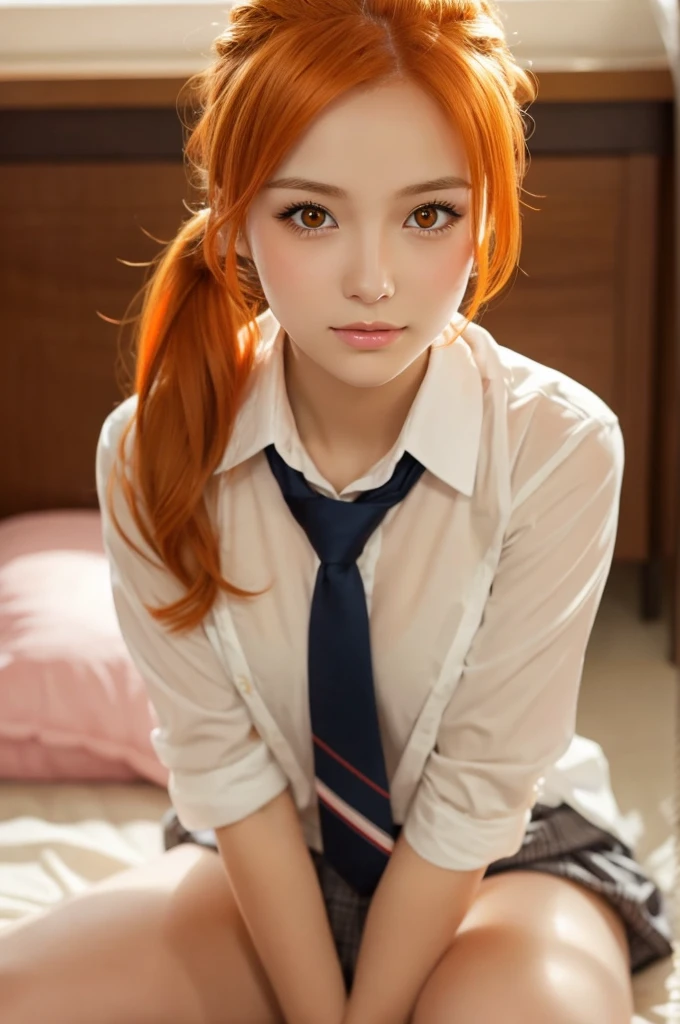 Orange hair, beautiful girl, erotic, ponytail, golden eyes, blush, high school student