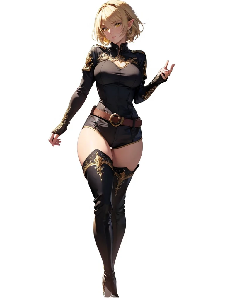 ((1girl, solo)), (full body:1.5), dark elf, dark-skinned female, pointy ears, beautiful body, (perfect anatomy, perfect body, perfect hands, perfect legs), (five fingers:1.5), natural proportions, sexy body, large breasts, cowboy shot, hand on hip BREAK
((extremely detailed face)), (beautiful detailed eyes:1.6), (realistic pupils, realistic iris:1), expressive eyes, looking at viewer, (clear eyes:1.3), (hyperrealistic:1.2), (detailed skin texture:1.2), smooth skin, (yellow eyes:1.5), (blonde hair:1.5), (short hair:1.3), bangs, (detailed lips:1.2), (attractive lips:1.1), (glossy lips:1.1), (smile), parted lips, perfect face, perfect eyes BREAK
((black shirt)), long sleeves, ((white sleeves)), (skin tight:1.5), gold trimmed, fingerless gloves, black shorts, short shorts, fur trimmed shorts, thighs, ass visible through thighs, black footwear, (thigh boots:1.5) BREAK
(masterpiece:1.5), anime-style, top quality, best quality, (beautiful and aesthetic:1.2), (ultra detail:1.5), Ultra-detailed depiction, Ultra-precise depiction, extremely detailed 8k illustration, high resolution, (highly detailed shading:1.2), (realistic lighting:1.4), perfect lighting, vibrant colors, dynamic tones, striking hues, 8k, absurd resolution, perfect shadows, hdr, UHD, ambient lighting, realistic, ultra-realistic, photo realistic, highly detailed, rich detail, luminous colors, fine texture, intricate design, professional illustration, (soft light:1.2), (illustration:0.7)