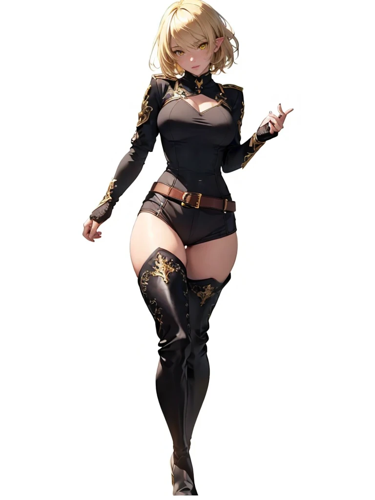 ((1girl, solo)), (full body:1.5), dark elf, dark-skinned female, pointy ears, beautiful body, (perfect anatomy, perfect body, perfect hands, perfect legs), (five fingers:1.5), natural proportions, sexy body, large breasts,  cowboy shot, hand on hip BREAK 

((extremely detailed face)), (beautiful detailed eyes:1.6), (realistic pupils, realistic iris:1), expressive eyes, looking at viewer, (clear eyes:1.3), (hyperrealistic:1.2), (detailed skin texture:1.2), smooth skin, (yellow eyes:1.5), (blonde hair:1.5), (short hair:1.3), bangs, (detailed lips:1.2), (attractive lips:1.1), (glossy lips:1.1), (smile), parted lips, perfect face, perfect eyes BREAK

((black shirt)), long sleeves, ((white sleeves)), (skin tight:1.5), gold trimmed, fingerless gloves, black shorts, short shorts, fur trimmed shorts, thighs, ass visible through thighs, black footwear, (thigh boots:1.5) BREAK

(masterpiece:1.5), anime-style, top quality, best quality, (beautiful and aesthetic:1.2), (ultra detail:1.5), Ultra-detailed depiction, Ultra-precise depiction, extremely detailed 8k illustration, high resolution, (highly detailed shading:1.2), (realistic lighting:1.4), perfect lighting, vibrant colors, dynamic tones, striking hues, 8k, absurd resolution, perfect shadows, hdr, UHD, ambient lighting, realistic, ultra-realistic, photo realistic, highly detailed, rich detail, luminous colors, fine texture, intricate design, professional illustration, (soft light:1.2), (illustration:0.7)