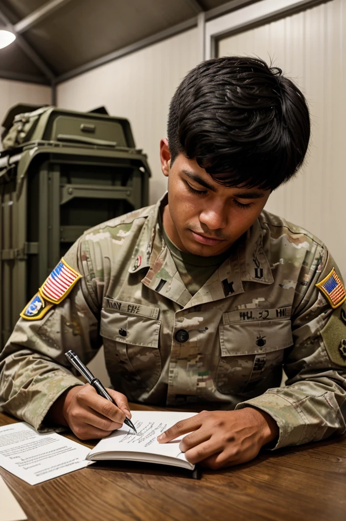 A American soldier he in battle field he writing a letter to his family 