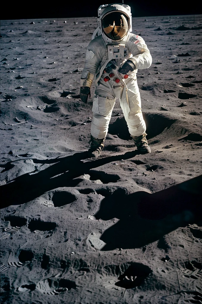 Imagine you are witnessing one of the most significant moments in human history: the Apollo 11 moon landing on July 20, 1969. Describe the scene as Neil Armstrong takes his first steps on the lunar surface. What do you see, hear, and feel? How do the expressions of the astronauts reflect the significance of this achievement? Consider the backdrop of the lunar landscape, the Earth visible in the distance, and the historic words being spoken."