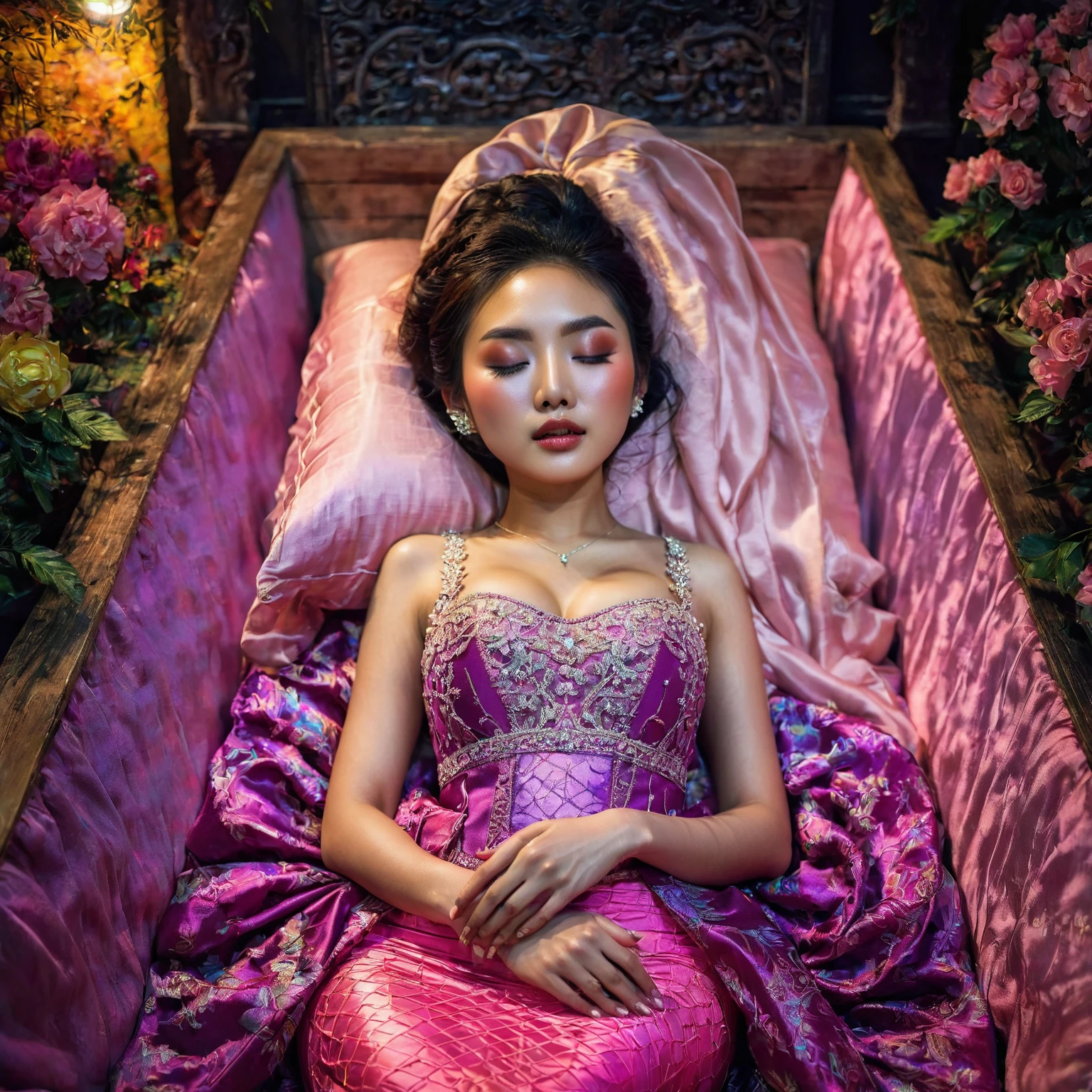 In a striking 8K HDR scene, a stunning Korean woman, 22 years old, lies peacefully in a colorful coffin surrounded by plush pillows. The deep box is set against a rich black background, accentuating the beauty of the subject. Her exquisite kebaya with sleeve attire is embroidered with superb detail, showcasing her round and firm breasts, perfect cleavage, and beautiful eyebrows. Her closed eyes and mouth give an air of serenity, while her visible and absolute cleavage leave nothing to imagination. The scene is bathed in saturated colors, highlighting every intricate aspect from the ball skirt to her clean face, straight body, detailed hand perfect hands, straight body.
