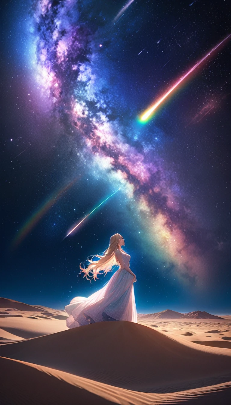 Highest quality, Highest quality, 16K, SFW, Unbelievably absurd, Very detailed, delicate and dynamic, Natural light, The particles reflect the colors of the rainbow, Diffuse reflection of light, Vortex of Light, There are many sandstorms, Beautiful desert, A vast starry sky, Colorful starry sky, Beautiful starry sky, milky way, shooting star, Moonlit Night, Sand Dunes, Create amazing image effects, Upper body close-up, pyramid, (Cute sexy girl, firm chests, Sensual expression, Passionate, Hilarious, Vibrant, Arab royalty, Arabian Princess, Arabian Long Dress, Gorgeous Dress, Lavish décor, dance)
