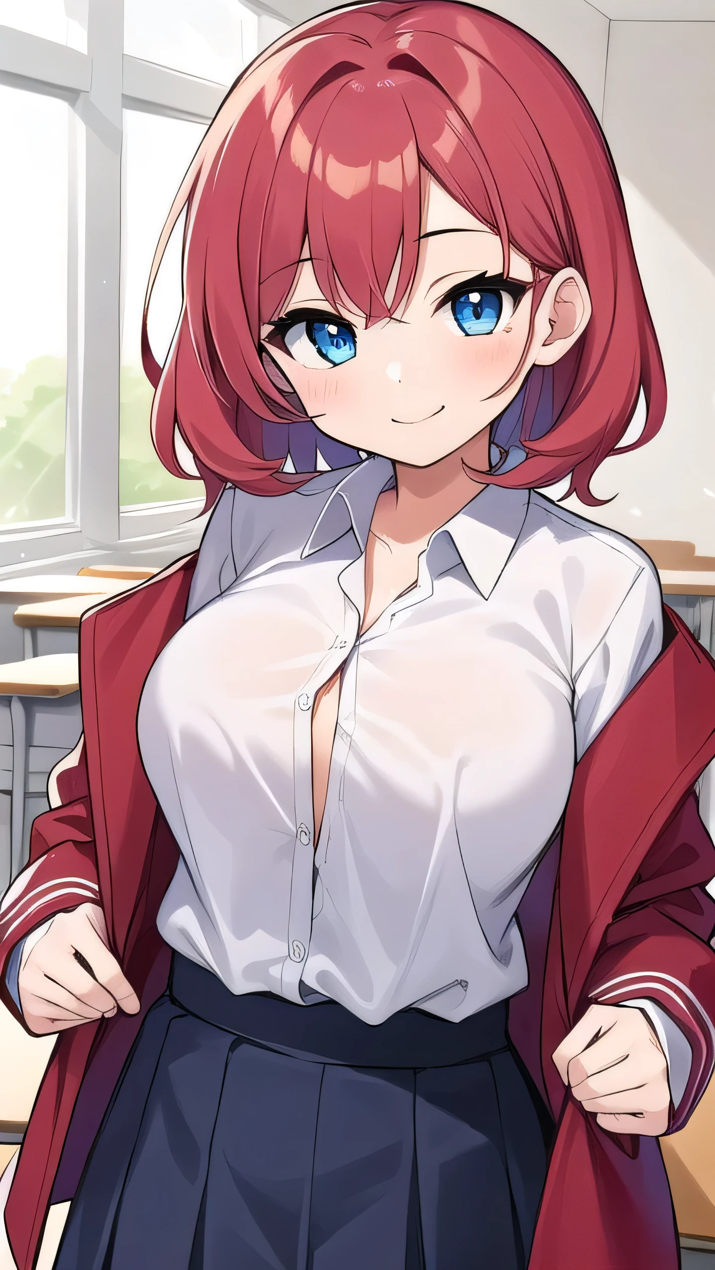 Big breasts, red hair, blue eyes, droopy eyes, red jacket, long sleeves, navy skirt, elementary school student, (super big breasts:1.1), (medium hair: 1), baggy clothes, elementary school student, young face, short height, 10 years old, old, shy Agari, smiling a little, trying to unbutton his shirt in the classroom, white shirt, soft hair，(straight hair:1.2)  , gentle smile, a little smile ，