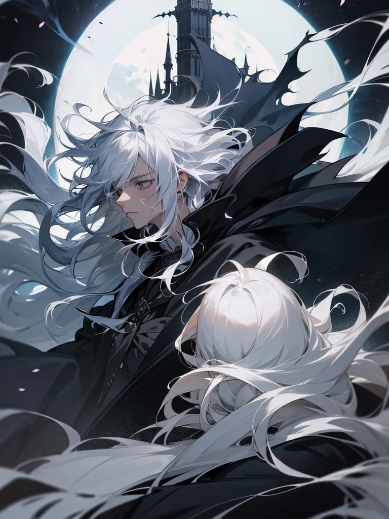 A male,long white hair, dark wizard, majestic, dark castle backgroung, messy hair, curly hair, hair pulled back, floating hair, gothic, anime style, Sad
