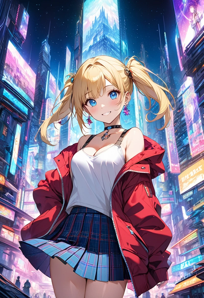 Absurd,High resolution,Highest quality,(One Girl),Tabletop,(Abstract art:1.4),(Psychedelic Theme:1.6),(Nostalgic scenery:1.4)(Cyber City:1.3),(Near future city:1.3),Ultra-detailed,Bright colors,Anime Face,Very beautiful face and eyes,Mischievous Smile,(Blonde:1.4),(Short low twin tail ),(Open hoodie),(Cleavage),Blushing,(blue eyes:1.3),Late at night,(Starry Sky),Building lighting,choker,Small earrings,(Tartan plaid pleated skirt),Night Sky,(Futuristic landscape),Cinema Lighting,FXAA,