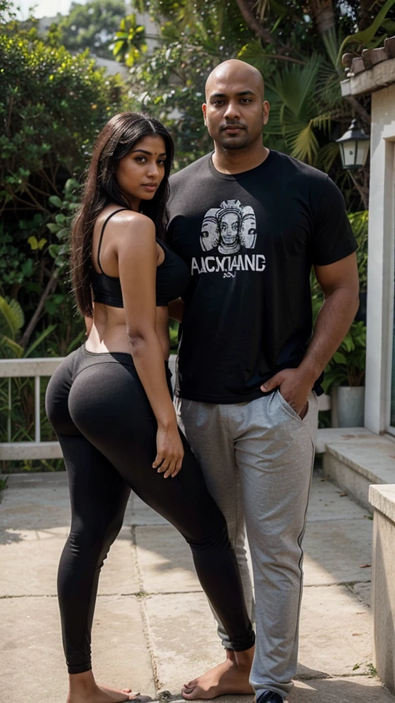 Sexy indian married couple, black man with bald head, tall, fat, woman with long hair perfect body, big breasts, big hips, big ass, short, couple, man and woman, front pose, detailed. Woman wearing Bikini, man wearing black t shirt and yoga pants