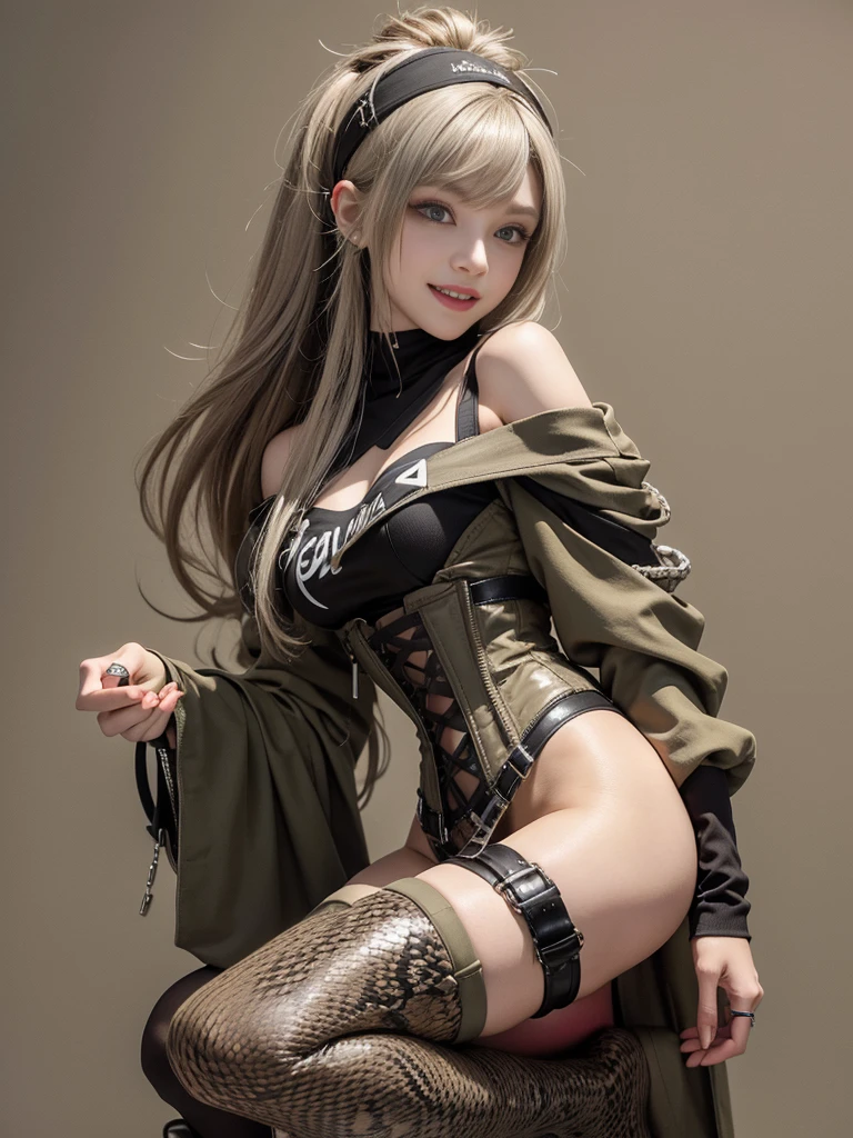 (Smiling with teeth showing:1.3),(Shibuya Gal:1.5)、(Beautiful:1.5)、(Neo-goth fashion:1.5)、(Punk RockVisual Kei:1.5)、(An off-the-shoulder hoodie in khaki and brown with delicate silver accessories.:1.5)、(A corset with a delicate beige and brown design:1.4)、(Dark grey, khaki and brown snakeskin bodysuit:1.5)、(Snake print headband:1.3)、(Beige and charcoal knee socks:1.4)、Embellished collar and long boots、(I'm selling snake print underwear.:1.4)、(Long eyelashes:1.3)、(20-year-old)、((Highest quality、8k、masterpiece:1.3))、1 Female、Slim and beautiful abs:1.3、(hairstyle casual、Beautiful boobs:1.1)、(Doing an aerobics pose:1.3)、dress:1.1、Super small face、Narrow eyes、double eyelid、A sloppy smile、Esbian all over、Dynamic Angle、Close-up、CPL Filter、Blurred Background、Bokeh、Blue Hour、Detailed face and skin texture、Detailed eyes、,(Twin tails:1.3)、(Black brown hair:1.3)、Gravure idol、(The background is a glamorous dance hall:1.3)、(Make your legs thinner:1.4)、(Slim body:1.3)、(clavicle:1.1)