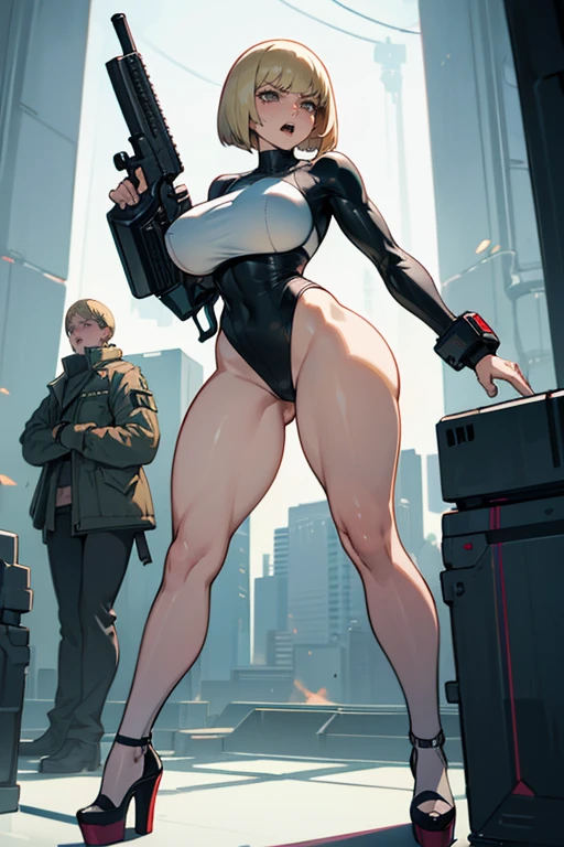thick hips, thick thighs, platform heels, white high high cut leotard, huge breast, thin waist, bob cut hair, weapon, pale skin, , angry look, scream, thick body, muscle, cyberpunk, garterbelt bags, blond,