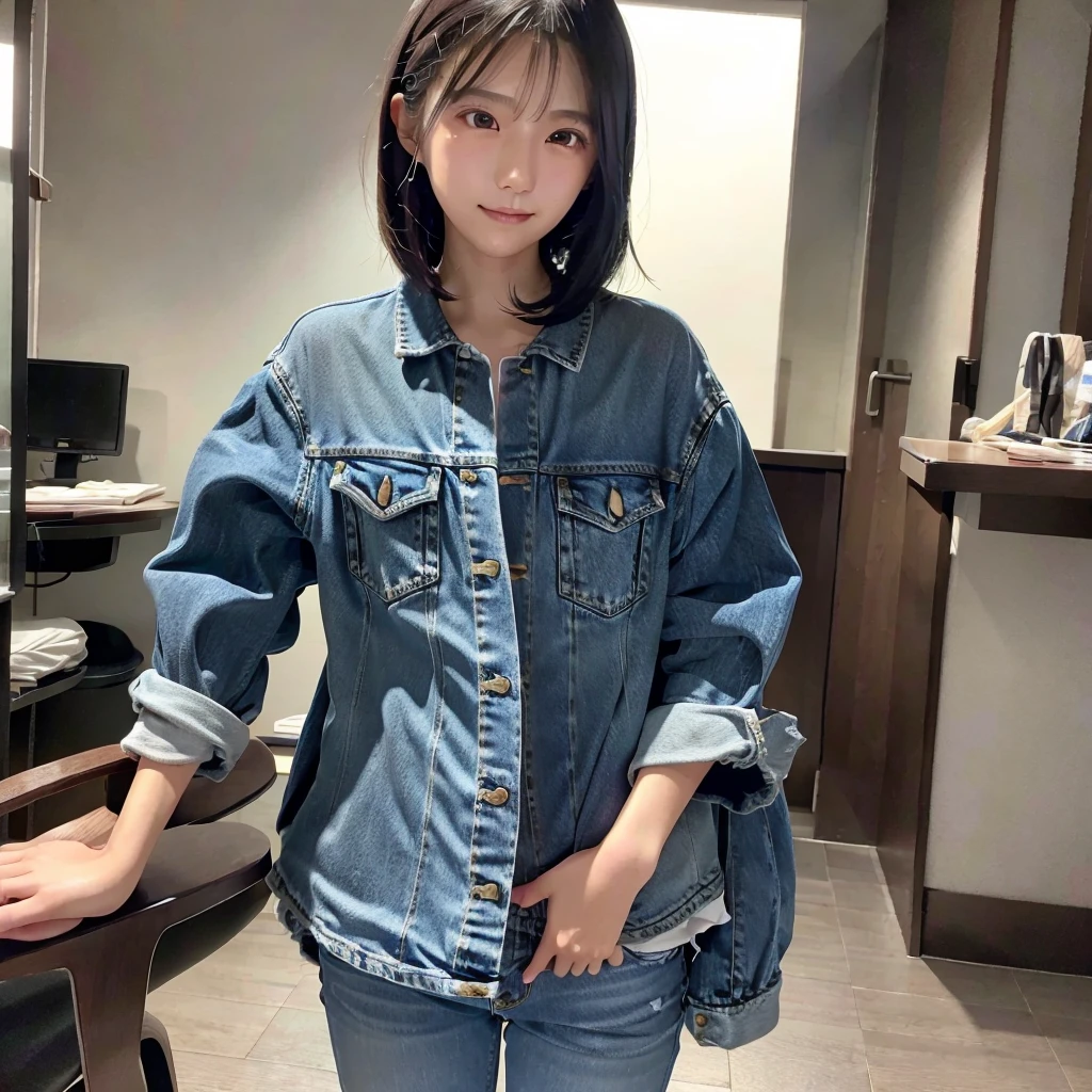 Young Japanese Woman、Denim shirt、jeans