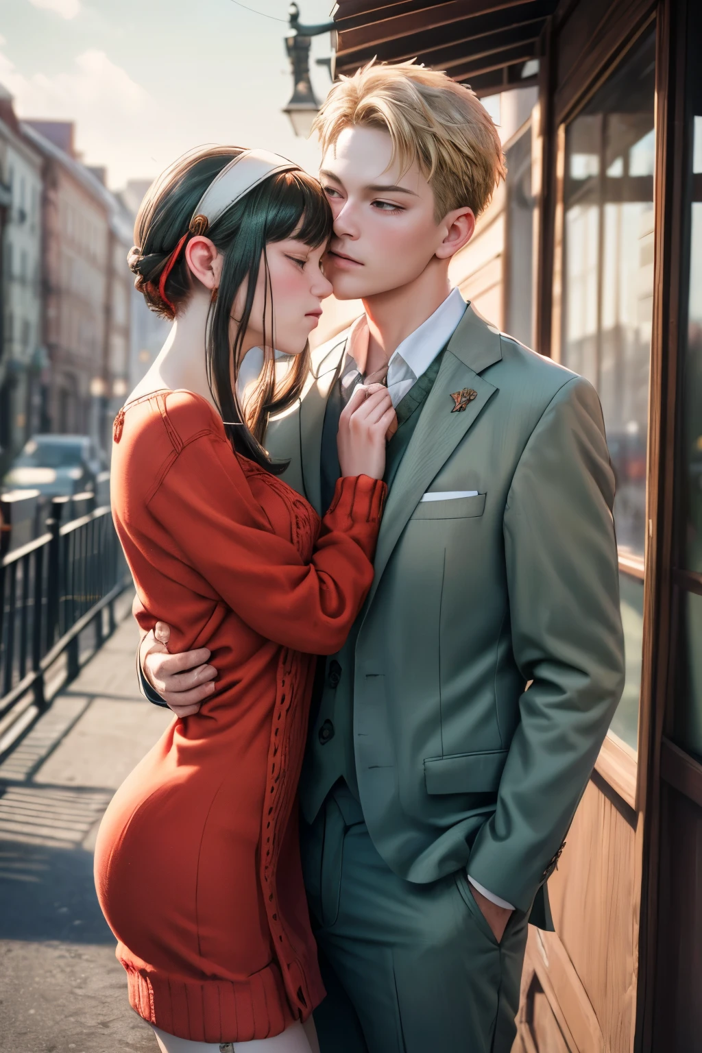 (realistic, photo-realistic:1.4), (masterpiece, best quality:1.2), high resolution, intricate details, extremely detailed, realistic and sharp details, couple, hetero, (1girl, hairband, red sweater minidress), (1boy wearing business suit, light green suit), couple hugging each other, (kissing:1.2), photo background, outdoors, 