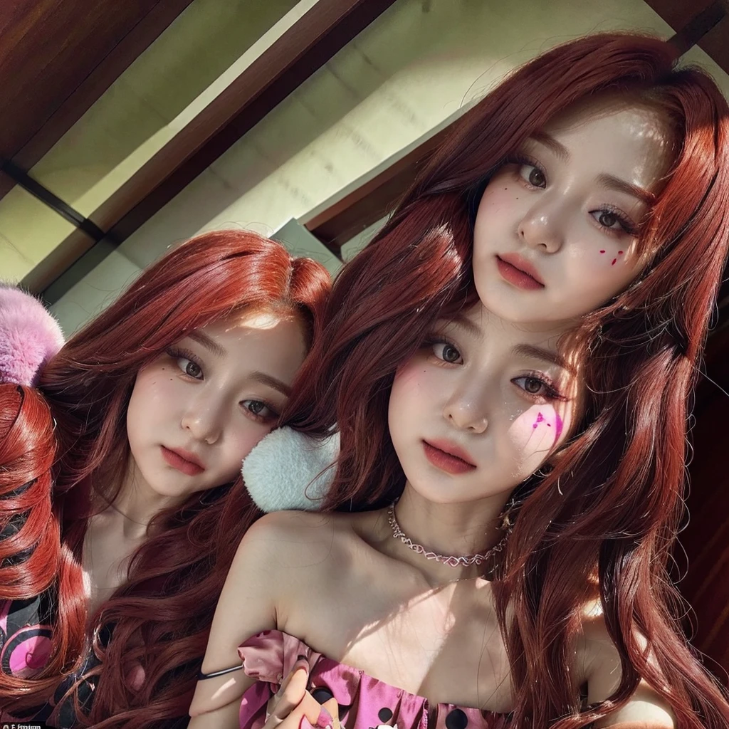 Yunjin do LE SSERAFIM, a young woman with long, vibrant hair in a deep shade of red, is dressed in a clown costume, a ruffled dress in shades of pink. Her face is painted with clown makeup but in pink tones..