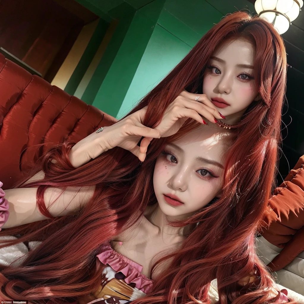 Yunjin do LE SSERAFIM, a young woman with long, vibrant hair in a deep shade of red, is dressed in a clown costume, a ruffled dress in shades of pink. Her face is painted with clown makeup but in pink tones..