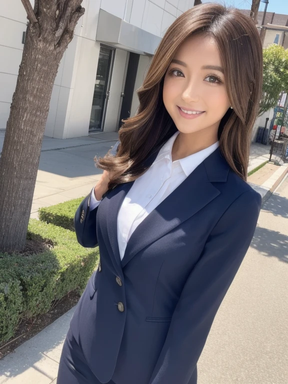 One Girl，Professional dress，Small Suits，shirt，Long brown hair，Esbian all over，In nature、noon，chest side，Walk from the front，Esbian all over，conservative professional attire，smile、