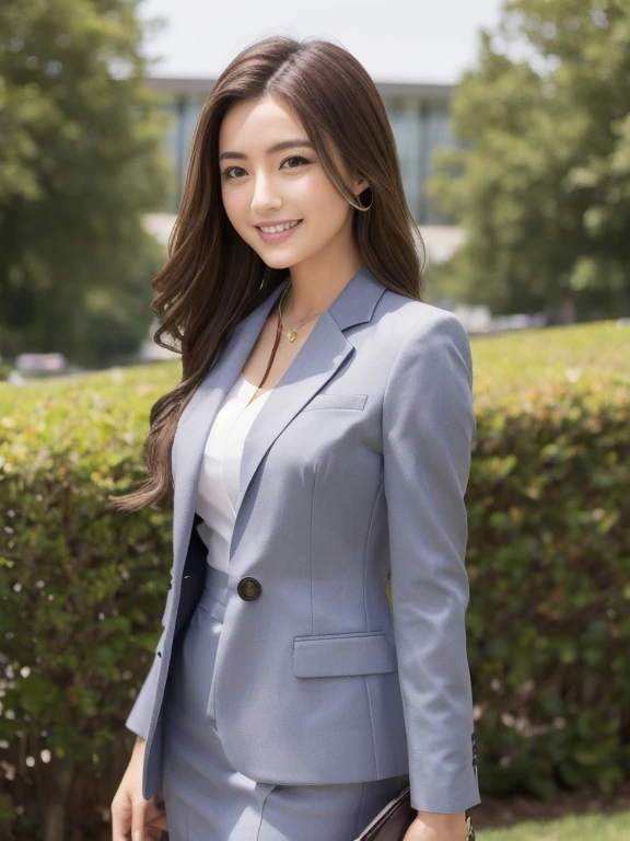 One Girl，Professional dress，Small Suits，shirt，Long brown hair，Esbian all over，In nature、noon，chest side，Walk from the front，Esbian all over，conservative professional attire，smile、