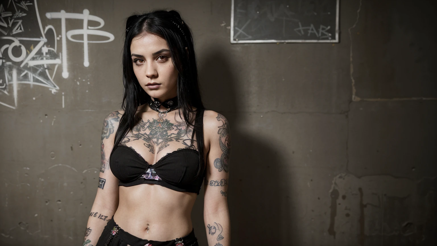 stylized artwork of soft filter. grunge filter. photorealistic. 8k. cinematic, very high resolution. maximum resolution. ultra realistic. unique beautiful face, realistic face, retro goth punk photo ascetic. grunge city graffiti wall, sexy, heavily tattooed, black hair, cute sexy goth girl, in marijuana plants buds crop, skimpy cheongsam