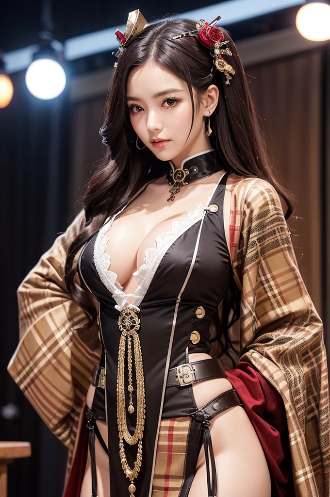Woman portrait、Highest quality、Rear view、8K, clear, Fine skin、Clear, beautiful eyes、Cleavage、The beauty of a smile、whole body,Curly Hair、My hair was messed up by the wind、(Glamorous Muscle、tall),(Hip_superior, Hip superior), Beauty,( Watching the audience),Realistic, High resolution, Soft Light,1 female, One person,Black hair,Long Hair,Fine Skin, Naughty look,Steampunk style girl、Costumes decorated with lots of gear and watches,(Greco-Roman pattern in white, brown, silver, red and dark brown,Sailor-style kimono with Burberry check collar)、Beautiful Steampunk Guild Staff Costume Banker Uniform,(White, brown, silver, red and dark brown checkered steampunk kimono、drawstring、spikes,beads、hairclip,gloves、Luxurious obi,Lavish decoration、glove,stockings )、((arms behind back)),(bokeh),(studio lighting)