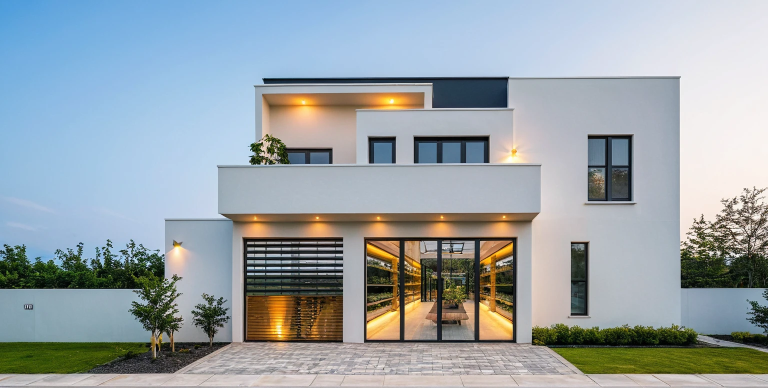2-storey townhouse, modern minimalist architecture, white morning light. Brightly painted walls with stone accents. glass door, interior view, house lights on.