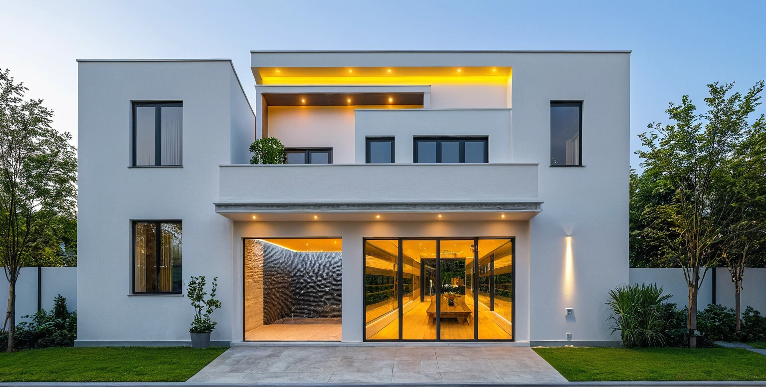 2-storey townhouse, modern minimalist architecture, white morning light. Brightly painted walls with stone accents. glass door, interior view, house lights on.