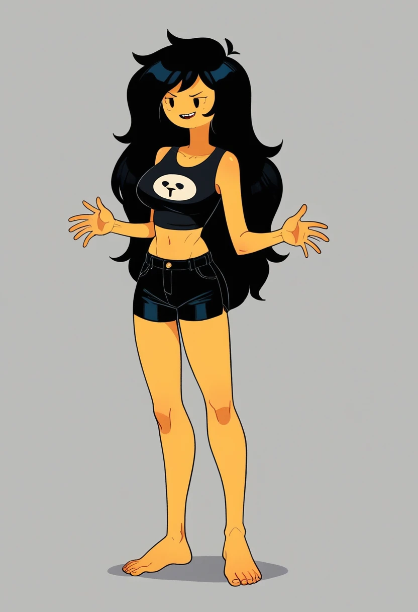 score_9, score_8_up, score_7_up, score_6_up, score_5_up, score_4_up, 4dv3ntur3t1m3, adventure time, 1girl, long hair, black hair, amber eyes, tall, six feet tall, fit body, big breasts, black crop top, black shorts, roommate, playful, mean, mean girl, bullying, naughty smile, stand