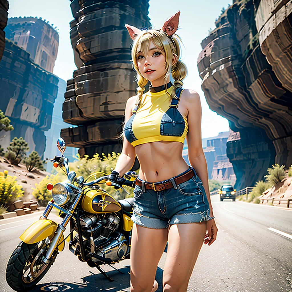 A blonde girl with two pigtails walks along the road, big breasts,denim shorts, yellow bra, with a canyon in the background, chopper motorcycle in the background