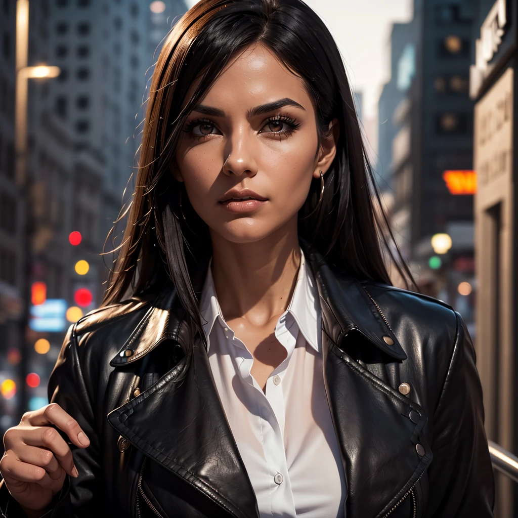 1 woman, Mafia, black clothing, white, brown eyes, black hair, sharp jawline, intimidating, sharp facial features, brown trench coat. [16K RAW, Canon camera photograph, 1 woman, solo girl, best quality, realistic, ultra realism, masterpiece, full body, highly detailed, perfect face 1:2, perfect body 1:2]