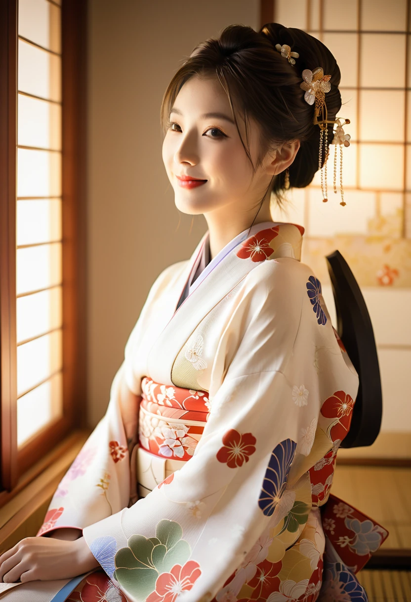 Reality, Solitary, Beautiful Japanese woman, Traditional Kimono, Natural graphics, Gentle smile, Impressive sight, Traditional hairstyle, Japanese-style room at dusk, Sitting by the window, City lights illuminate, (Charming pose), Professional photographer, Shallow depth of field, Backlight,