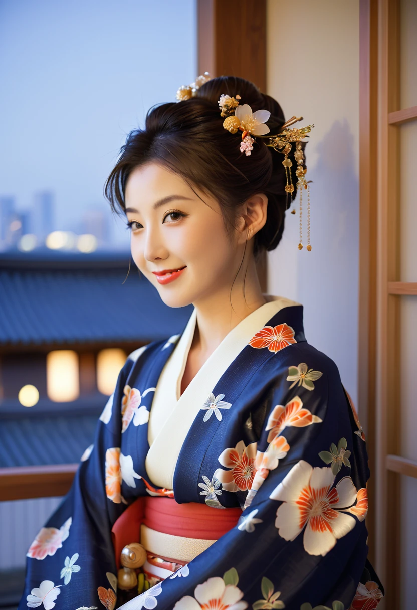 Reality, Solitary, Beautiful Japanese woman, Traditional Kimono, Natural graphics, Gentle smile, Impressive sight, Traditional hairstyle, Japanese-style room at dusk, Sitting by the window, City lights illuminate, (Charming pose), Professional photographer, Shallow depth of field, Backlight,