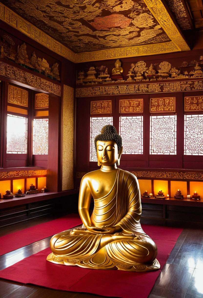 Golden Buddha Statue，The background is golden light, masterpiece, Highest quality，8K, Ultra-high resolution，In the quiet pagoda，Weak morning light reflection。A huge Buddha statue stands tall in the center of the hall，Breathing life into it，Every detail has been carefully carved by an artist。The Buddha is seated majestically on the lotus throne，There is a sacred atmosphere there.。Light of the sun, Coming in through the upper window, Casts mottled light and shadow，The whole venue is illuminated with peace.。 The Buddha statue is majestic，Unique details give a realistic and dynamic impression。Buddha's eyes shone brightly，You seem capable., Seeing through the world&#39;s difficulties。Meticulous hand engraving highlights the texture of the fingertips and the gentle posture.，Creates a sense of detached meditation。The golden robe caught the light and shone softly.，it was, Like a heavenly glow。 Devotees gathered around the temple，They were in awe, Worshiping a Buddha statue，Kneel on the floor and ponder the scriptures。Her figure is enveloped in a warm glow，The outline is clearly visible。The walls of the hall are covered with colorful prayer flags.，Swaying in the wind，Gives the whole room a mysterious and luxurious feel。