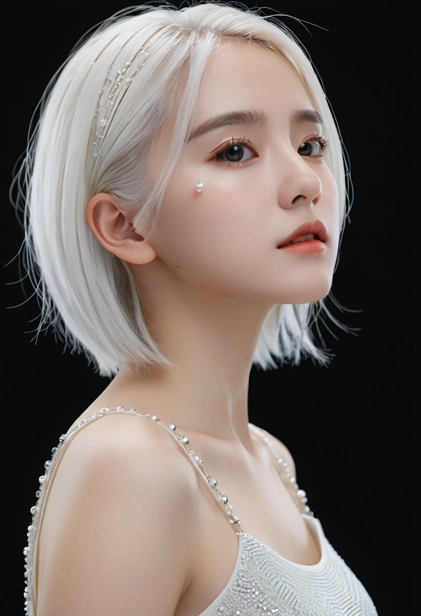 best quality,Perfect masterpiece,Perfect work of art,Official Works,8K,, (Upper body portrait:1.3),((View from the side:1.5)),Close-up lens,Delicate face,, ,White hair女孩,(White hair:1.5),Short and medium-length hair,((White transparent eyes:1.5)),(White Dress:1.2),(Transparent clothing:1.2),(black background:1.3),, Pearl hallucination,Cyberpunk,fashion,3S Materials,HD,Detailed expression,C4D,3d,Octane Rendering,Ray Tracing,Intricate details,Animated Lighting,Renderer,