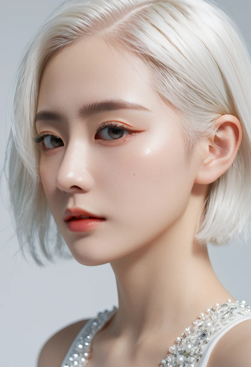 best quality,Perfect masterpiece,Perfect work of art,Official Works,8K,, (Upper body portrait:1.3),((View from the side:1.5)),Close-up lens,Delicate face,, ,White hair女孩,(White hair:1.5),Short and medium-length hair,((White transparent eyes:1.5)),(White Dress:1.2),(Transparent clothing:1.2),(black background:1.3),, Pearl hallucination,Cyberpunk,fashion,3S Materials,HD,Detailed expression,C4D,3d,Octane Rendering,Ray Tracing,Intricate details,Animated Lighting,Renderer,