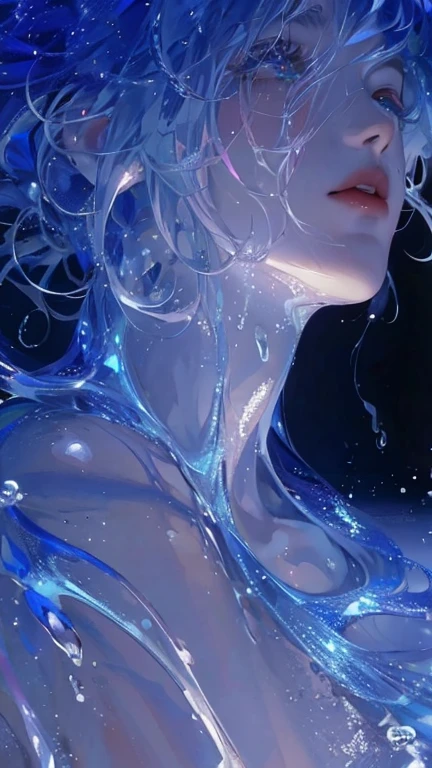 1 man, male water siren, watercolor hair, There is spring water inside, Put a few drops of water on his skin, pearls in his hair, siren eyes, plump lips pink, stars around him