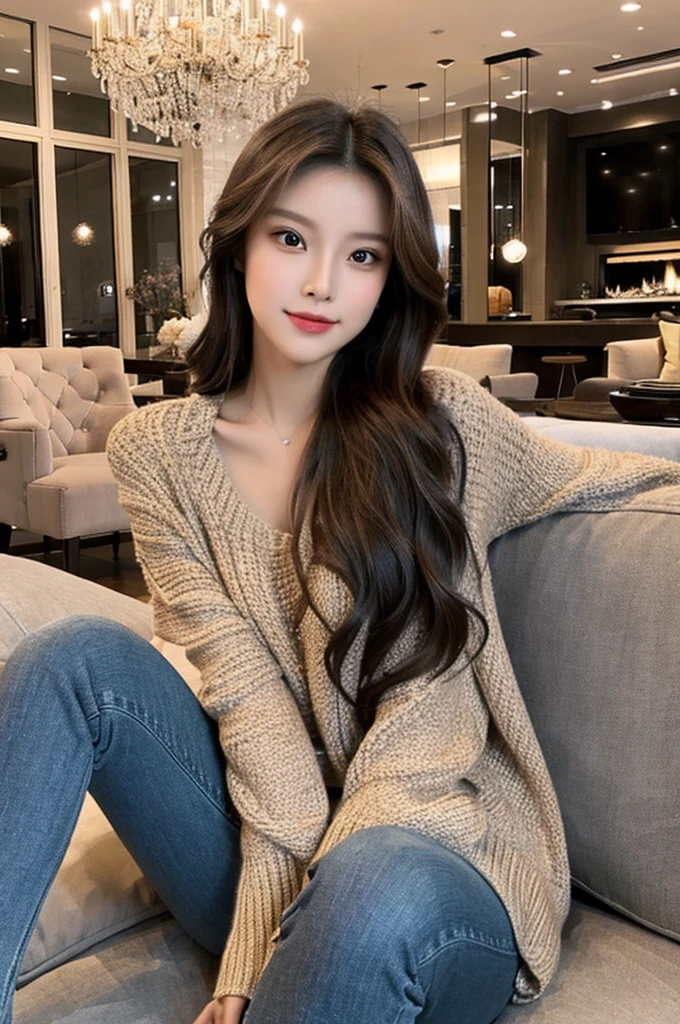 Generate an image of a stunning 20-year-old Asian woman with beauty akin to a goddess of the fire element. She has big brown eyes, dark brown hair, glowing skin, and an attractive appearance. She is wearing a beautiful top paired with blue skinny jeans. The woman is sitting sweetly on a living room sofa, her posture relaxed and inviting, surrounded by cozy and elegant decor.