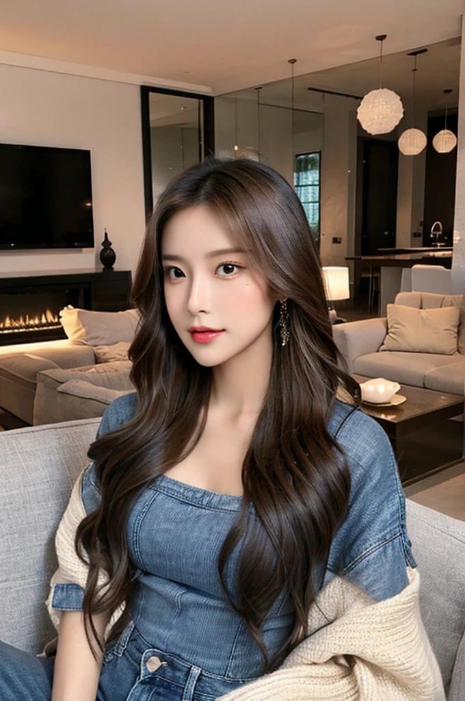 Generate an image of a stunning 20-year-old Asian woman with beauty akin to a goddess of the fire element. She has big brown eyes, dark brown hair, glowing skin, and an attractive appearance. She is wearing a beautiful top paired with blue skinny jeans. The woman is sitting sweetly on a living room sofa, her posture relaxed and inviting, surrounded by cozy and elegant decor.