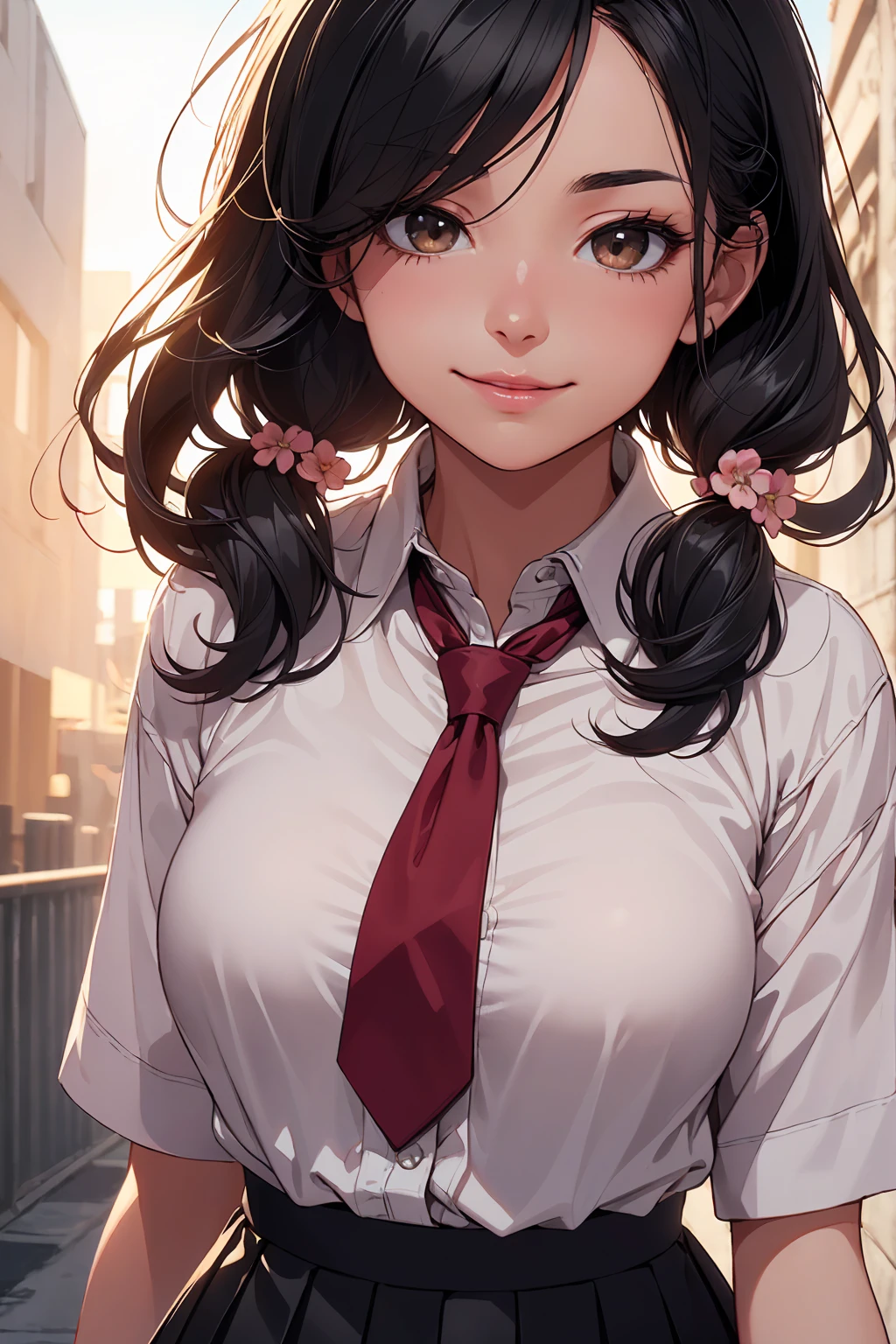 concept:beautiful woman portrait.
quality:(highest quality, 8K, 4K, High resolution, masterpiece:1.2), Super detailed, (real, photorealistic:1.37), High quality artwork, beautiful illustrations.
illumination:Bright colors, Lens flare, The overall dramatic atmosphere of the scene, natural light.
Subject information:alone, sexy woman, (round eyes), (small face), (high detail skin:1.2), long eyelashes, glossy lips, cover your mouth and laugh, (black hair, Twin tails in a high position, show your forehead, brown eyes), perfect face, cute face, shiny skin, long eyelashes, (big breasts), cute smile:1.2, (anatomically correct), (private high , white shirt:1.2, colorful neckties, pleated skirt, mini skirt).
Other details:human yuan, Beautiful peach blossom background:1.2, Gentle sunshine, Realistic light and shadow with attention to detail, background bokeh, 500㎜, f/4.0, photo shoot.