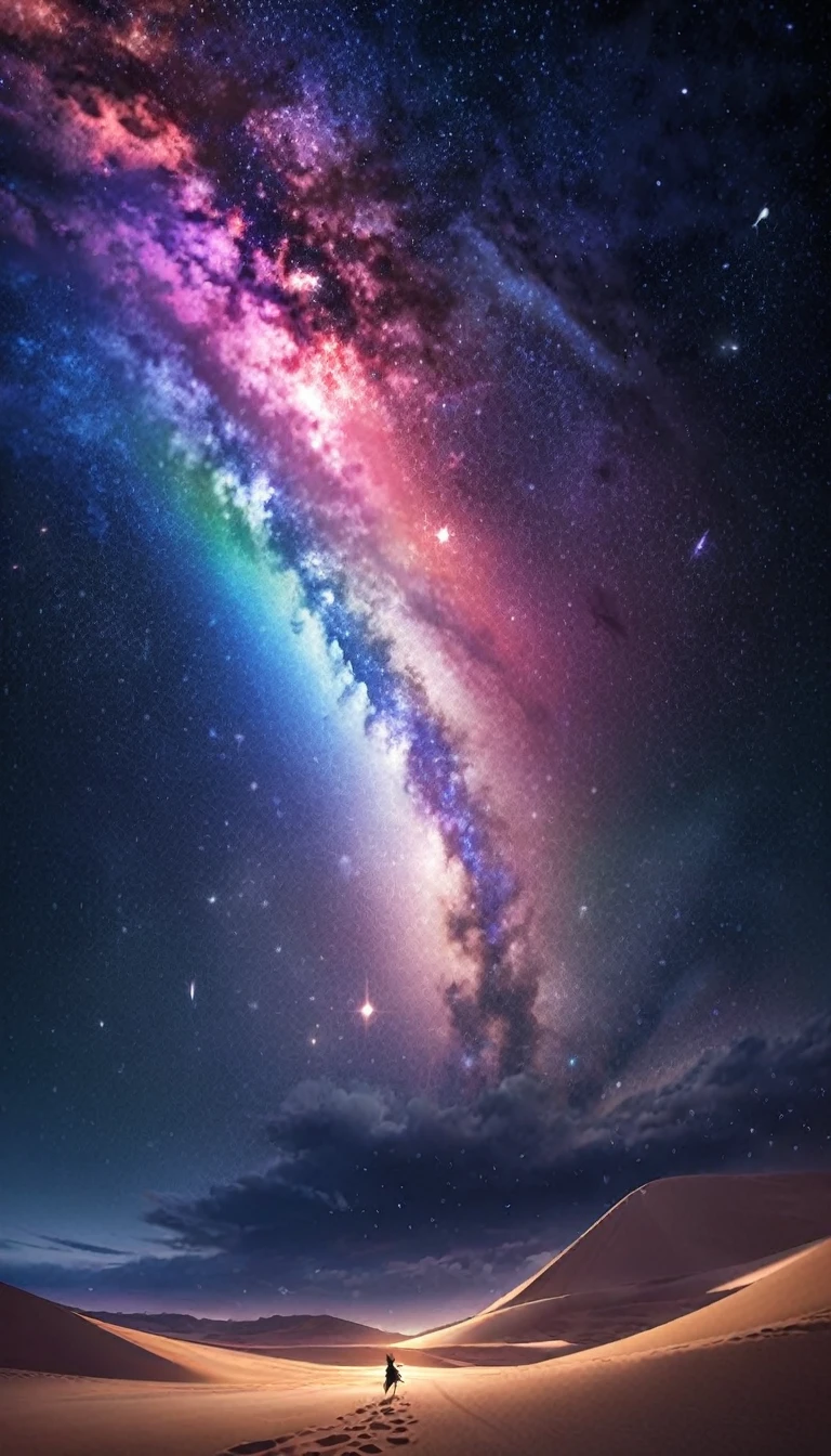 Highest quality, Highest quality, 16K, SFW, Unbelievably absurd, Very detailed, delicate and dynamic, Natural light, The particles reflect the colors of the rainbow, Diffuse reflection of light, Vortex of Light, There are many sandstorms, Beautiful desert, A vast starry sky, Colorful starry sky, Beautiful starry sky, milky way, shooting star, Moonlit Night, Sand Dunes, Create amazing image effects, Upper body close-up, pyramid, (Cute sexy girl, firm chests, Sensual expression, Passionate, Hilarious, Vibrant, Arab royalty, Arabian Princess, Arabian Long Dress, Gorgeous Dress, Lavish décor, dance)