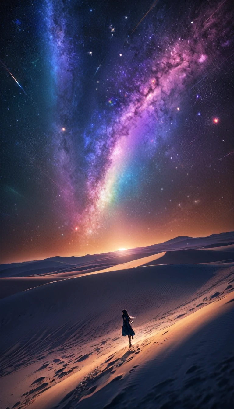 Highest quality, Highest quality, 16K, SFW, Unbelievably absurd, Very detailed, delicate and dynamic, Natural light, The particles reflect the colors of the rainbow, Diffuse reflection of light, Vortex of Light, There are many sandstorms, Beautiful desert, A vast starry sky, Colorful starry sky, Beautiful starry sky, milky way, shooting star, Moonlit Night, Sand Dunes, Create amazing image effects, Upper body close-up, pyramid, (Cute sexy girl, firm chests, Sensual expression, Passionate, Hilarious, Vibrant, Arab royalty, Arabian Princess, Arabian Long Dress, Gorgeous Dress, Lavish décor, dance)