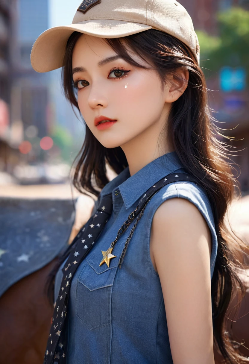 (Extremely detailed CG unity 8k wallpaper),(masterpiece), (best quality), (Extremely detailed), (Best Illustration Award),(The best shadow), Cowboy shooting, (Sharp eyeliner, Eyeshadow, Delicate eyes:1), City background, ,rest , (Star 15 School:1.2), Hair accessories, ,