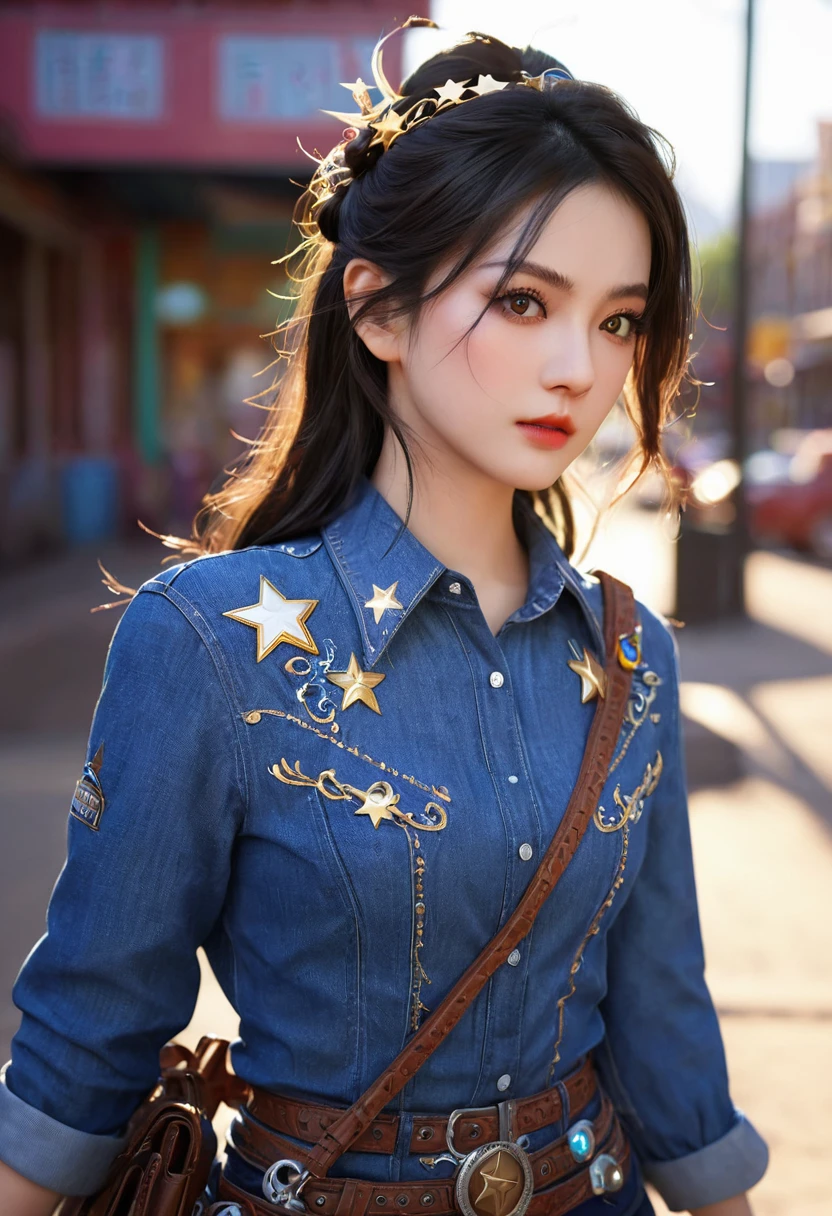 (Extremely detailed CG unity 8k wallpaper),(masterpiece), (best quality), (Extremely detailed), (Best Illustration Award),(The best shadow), Cowboy shooting, (Sharp eyeliner, Eyeshadow, Delicate eyes:1), City background, ,rest , (Star 15 School:1.2), Hair accessories, ,