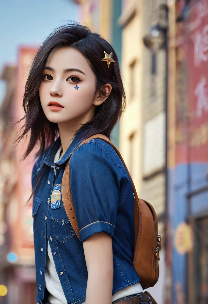 (Extremely detailed CG unity 8k wallpaper),(masterpiece), (best quality), (Extremely detailed), (Best Illustration Award),(The best shadow), Cowboy shooting, (Sharp eyeliner, Eyeshadow, Delicate eyes:1), City background, ,rest , (Star 15 School:1.2), Hair accessories, ,  