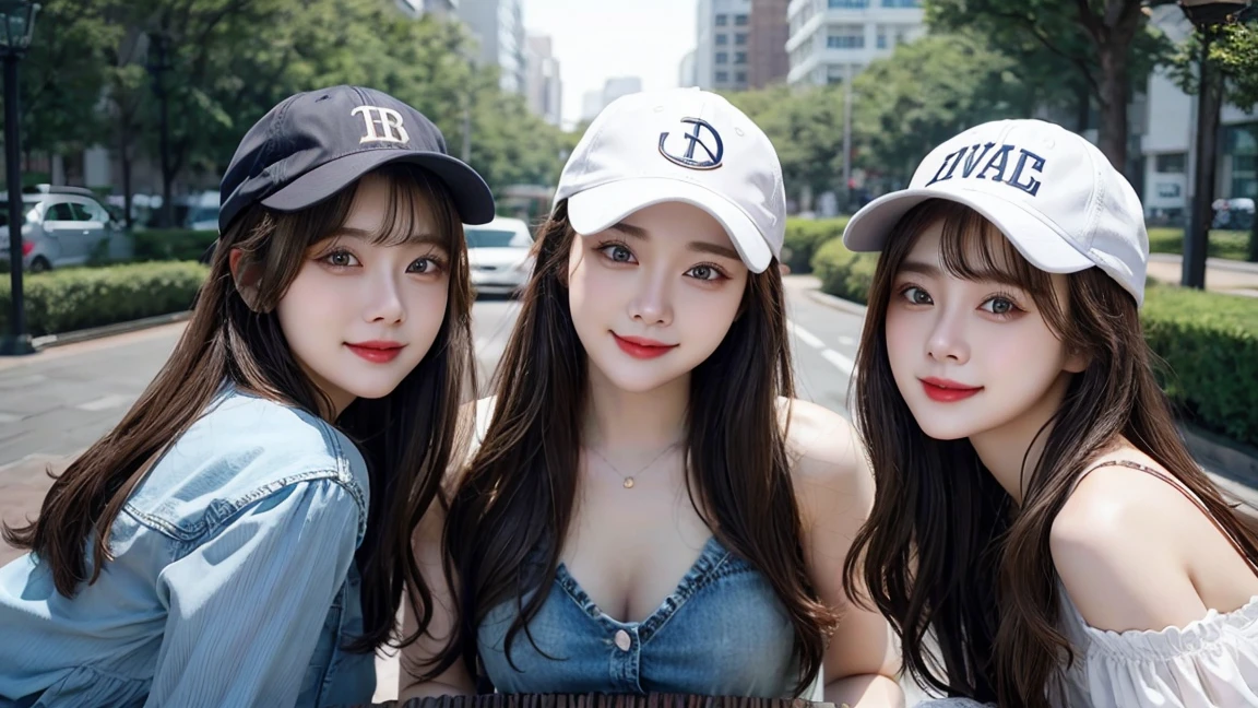 (3 girls),table top, best quality, illustration, very detailed, exquisite details, high resolution, 8k wallpaper, Perfect dynamic composition, Beautifully detailed eyes, wear a dress,medium hair, middle of chest, natural lip color, Random and sexy poses,smile,Aoyama Road Promenade、20 year old girl, jeans, The clothes are very seductive and hot., baseball cap