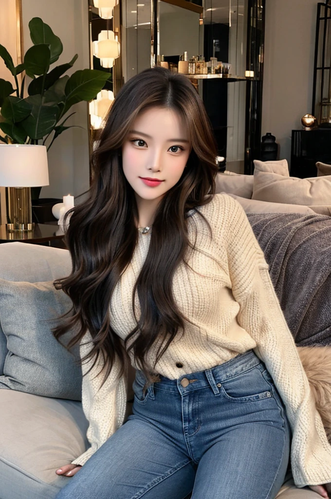 Generate an image of a stunning 20-year-old Asian woman with beauty akin to a goddess of the fire element. She has big brown eyes, dark brown hair, glowing skin, and an attractive appearance. She is wearing a beautiful top paired with blue skinny jeans. The woman is sitting sweetly on a living room sofa, her posture relaxed and inviting, surrounded by cozy and elegant decor.