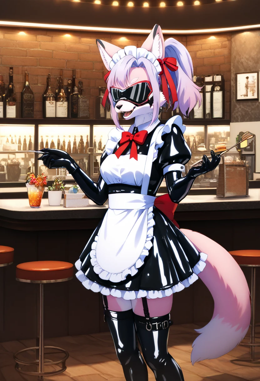 Highest quality, Highest quality, High quality illustrations, masterpiece, Ultra-high resolution, Detailed Background, Cafe, Absurd, Perfect Anatomy, performance, Good lighting, Shadows in the movies(kemono, Furry Personifi猫ion), Pink Skin, Rubber suit, Rubber suit, latex, neon, neonライト, neonカラー, Rubber maid outfit, ribbon, Rubber mask, Red harness