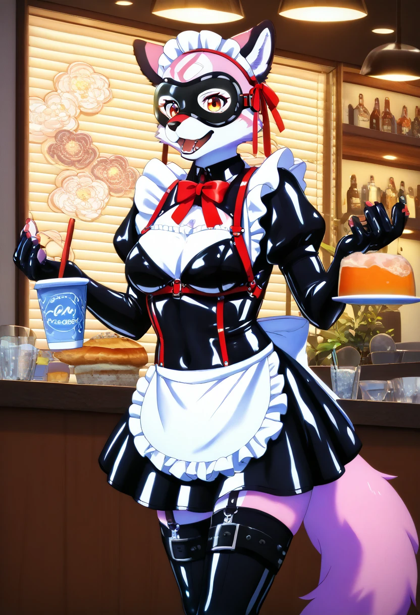 Highest quality, Highest quality, High quality illustrations, masterpiece, Ultra-high resolution, Detailed Background, Cafe, Absurd, Perfect Anatomy, performance, Good lighting, Shadows in the movies(kemono, Furry Personifi猫ion), Pink Skin, Rubber suit, Rubber suit, latex, neon, neonライト, neonカラー, Rubber maid outfit, ribbon, Rubber mask, Red harness