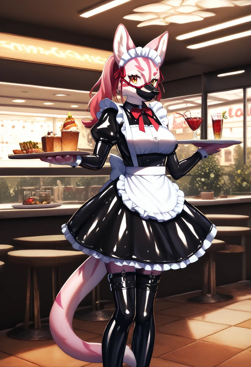 Highest quality, Highest quality, High quality illustrations, masterpiece, Ultra-high resolution, Detailed Background, Cafe, Absurd, Perfect Anatomy, performance, Good lighting, Shadows in the movies(kemono, Furry Personifi猫ion), Pink Skin, Rubber suit, Rubber suit, latex, neon, neonライト, neonカラー, Rubber maid outfit, ribbon, Rubber mask, Red harness